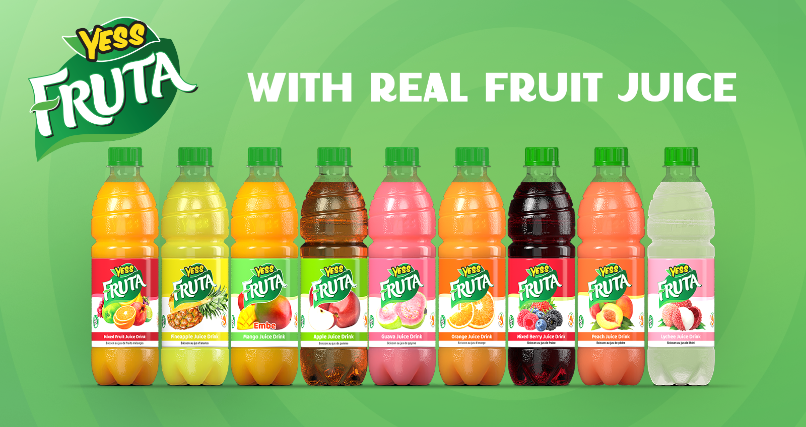 YESS Fruta banner showing nine fruit juice drink flavours